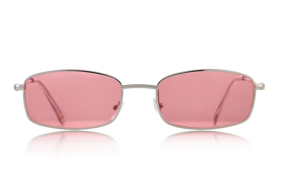 polarized glassy Sunglasses with pink lenses and silver frame on a white background