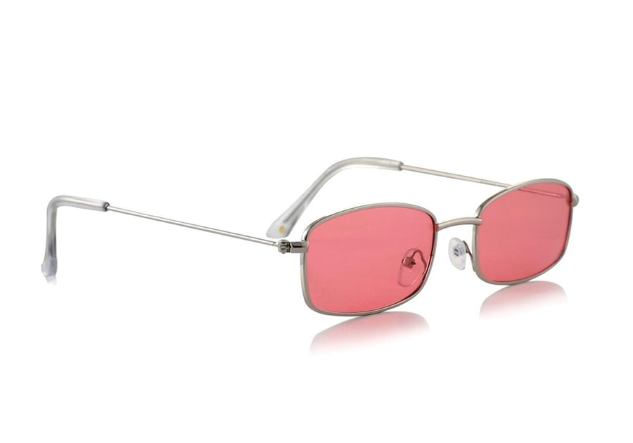 polarized glassy Sunglasses with pink lenses and silver frame on a white background