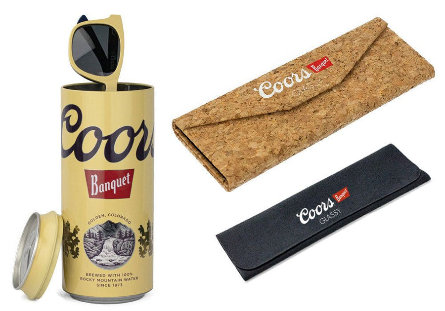 yellow and blue glassy x coors banquet beer sunglasses