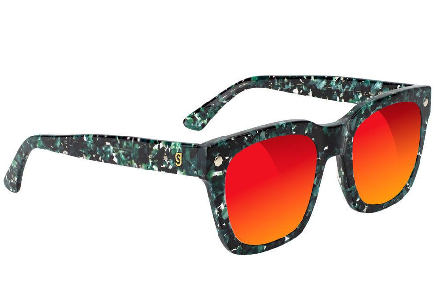 green tortoise shell glass sunglasses with red mirror lenses
