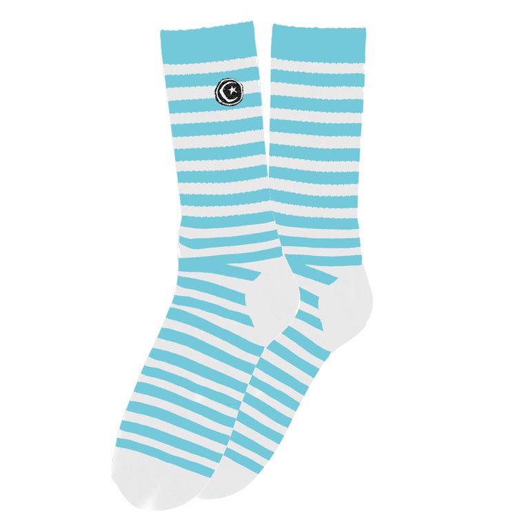 Pair of blue and white striped foundation skateboard socks on a white background