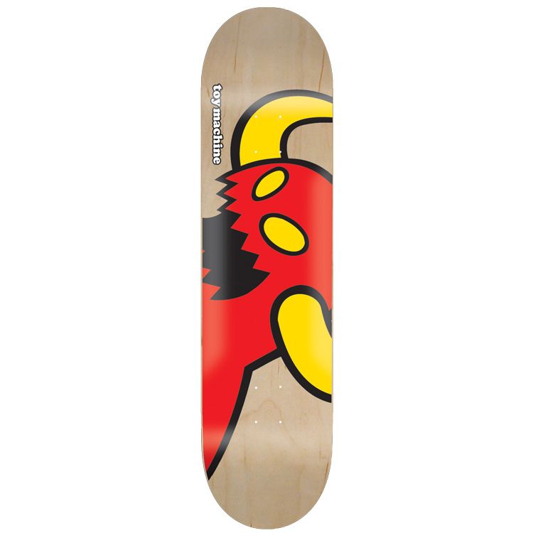 toy machine skateboard deck with red devil monster on a wood grain finish