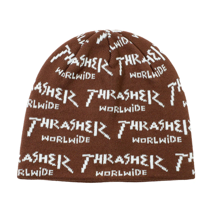 Brown beanie with white 'Thrasher' logo pattern on a white background