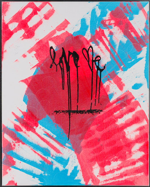 red and blue chane monster19 canvas art piece with the tag Love Me in the upper center