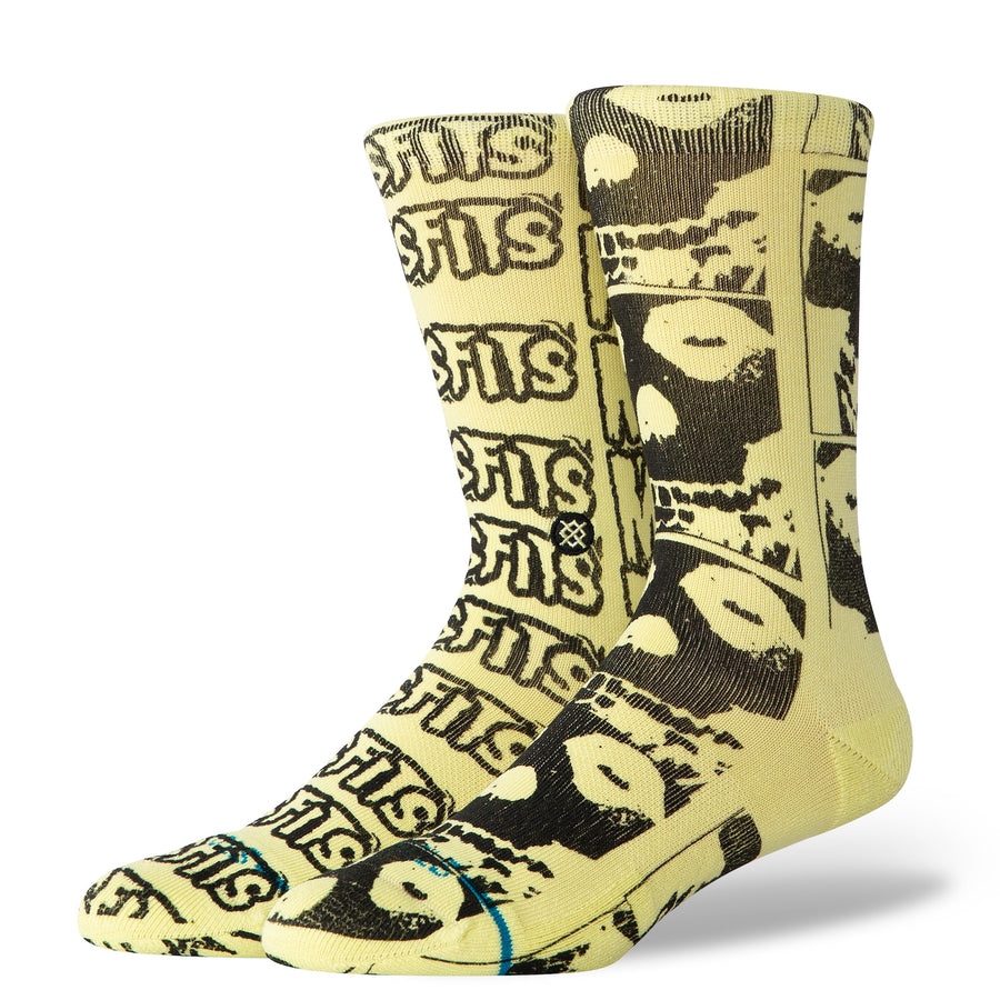 Pair of stance x misfits collection socks with graphic design on a white background