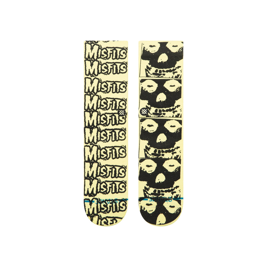 Pair of stance x misfits collection socks with graphic design on a white background