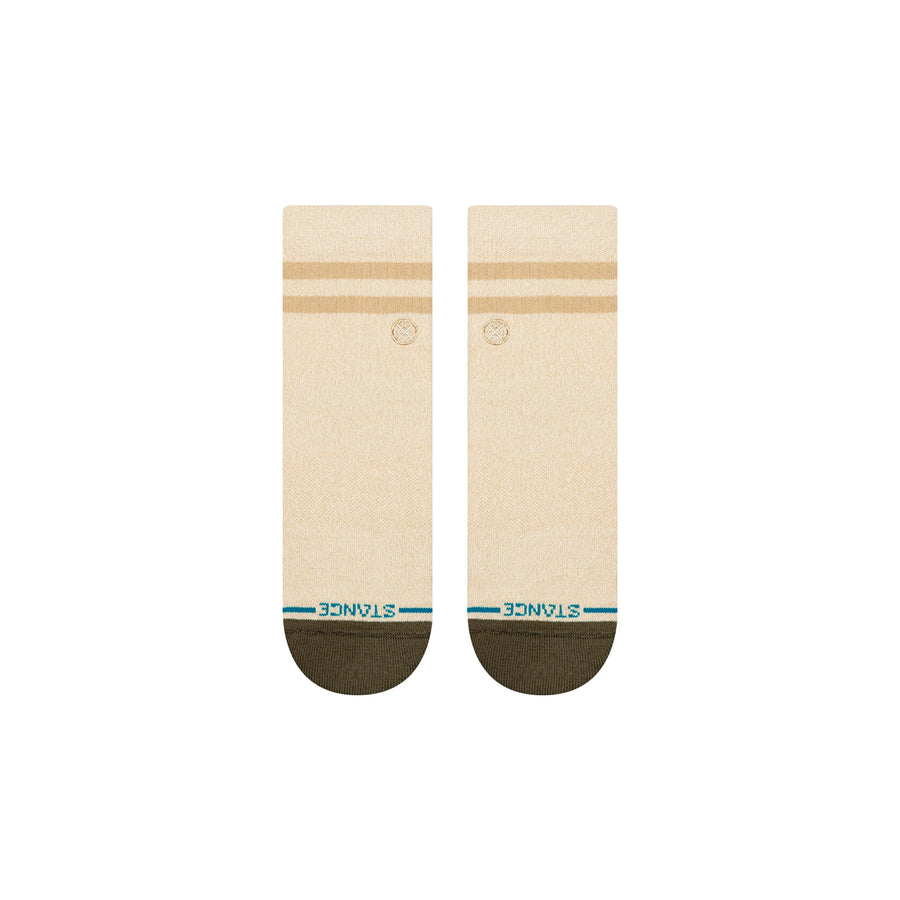 Pair of beige Stance marled quarter socks with brown accents on a white background