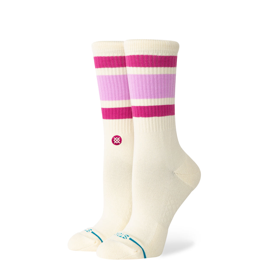 pink striped women's stance socks on an off white crew sock