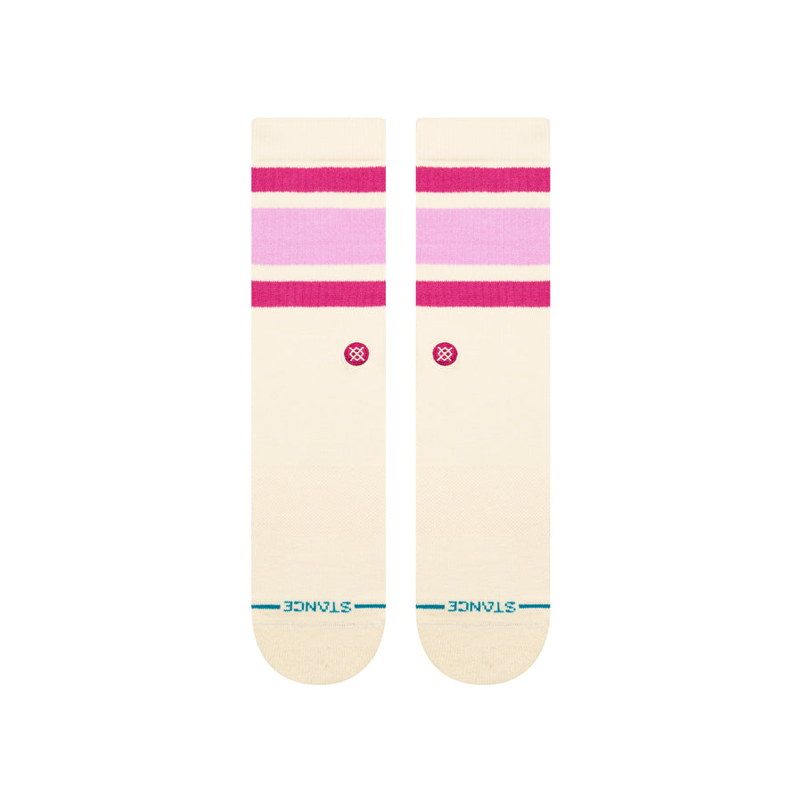 pink striped women's stance socks on an off white crew sock