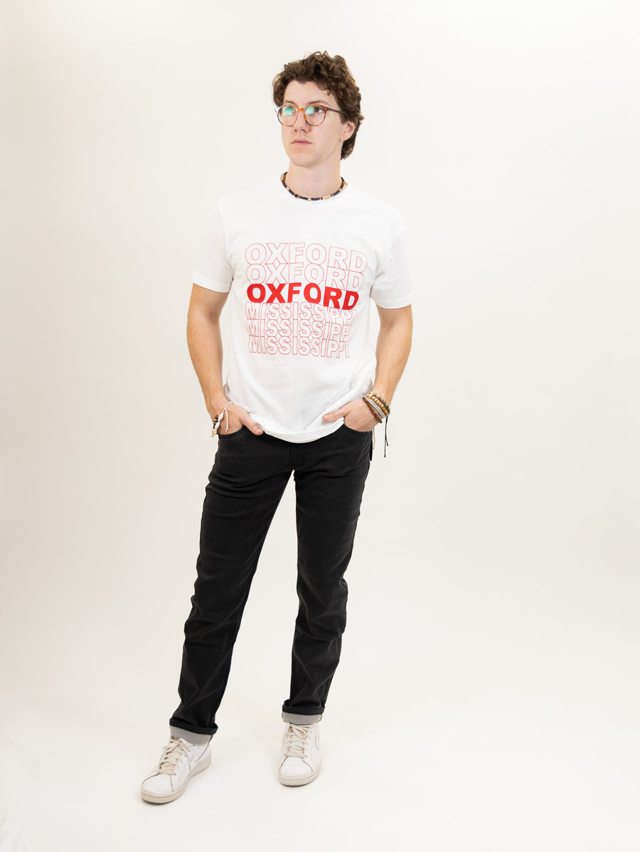 tee shirt featuring oxford mississippi written like the classic plastic thank you grocery bag