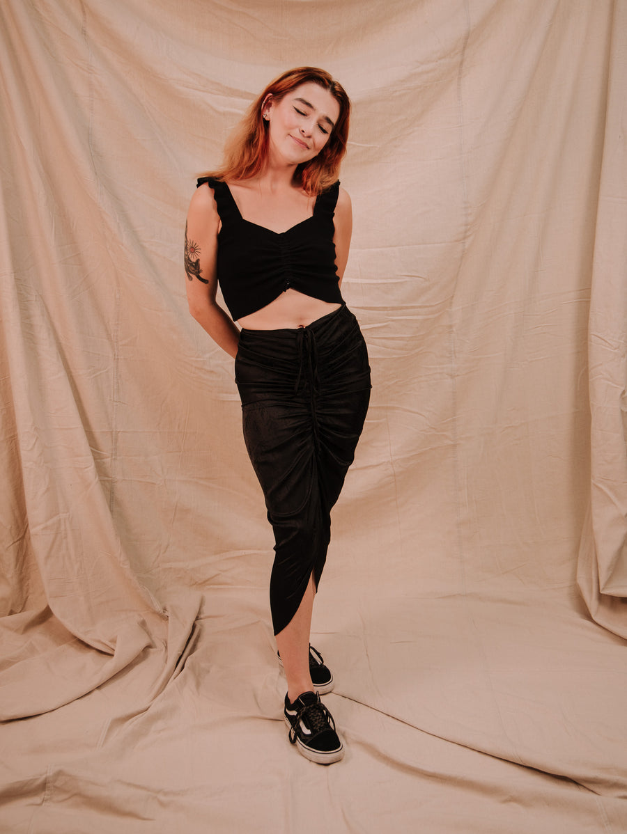 black women's Miou Muse Textured Fabric Ruching Skirt