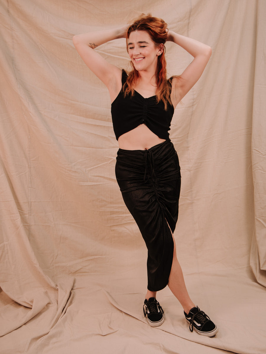 black women's Miou Muse Textured Fabric Ruching Skirt