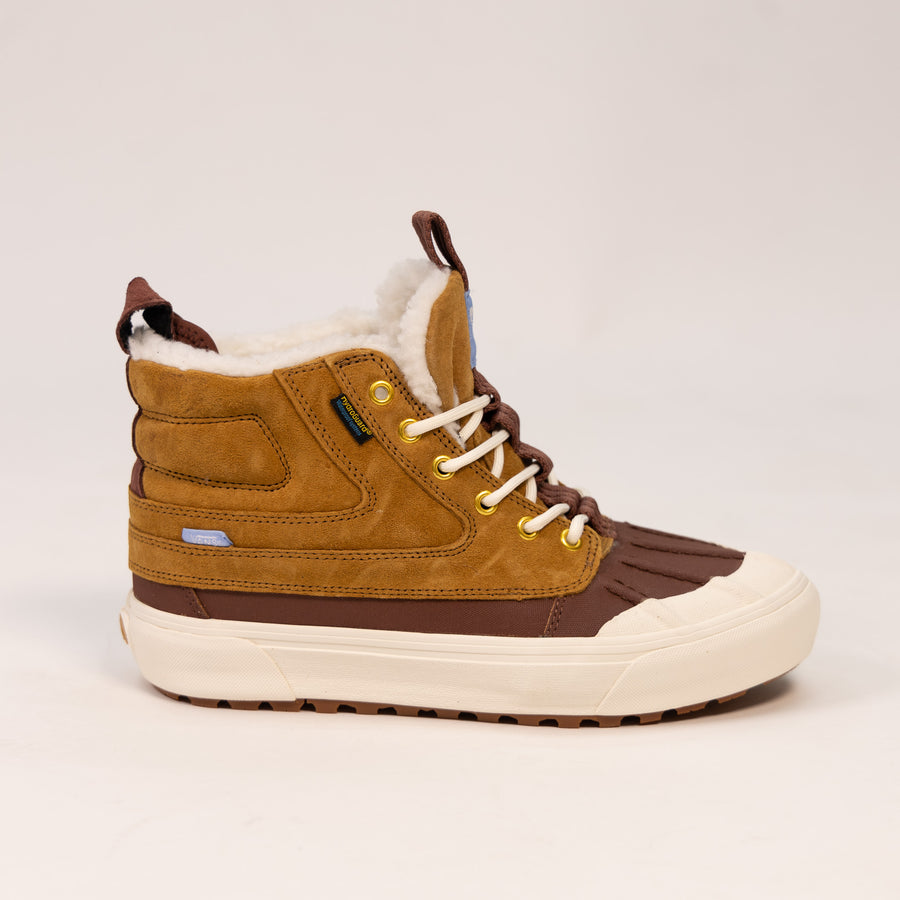 brown vans mte sk8-hi del pato women's all weather waterproof high top shoe with pull tab and off white sole