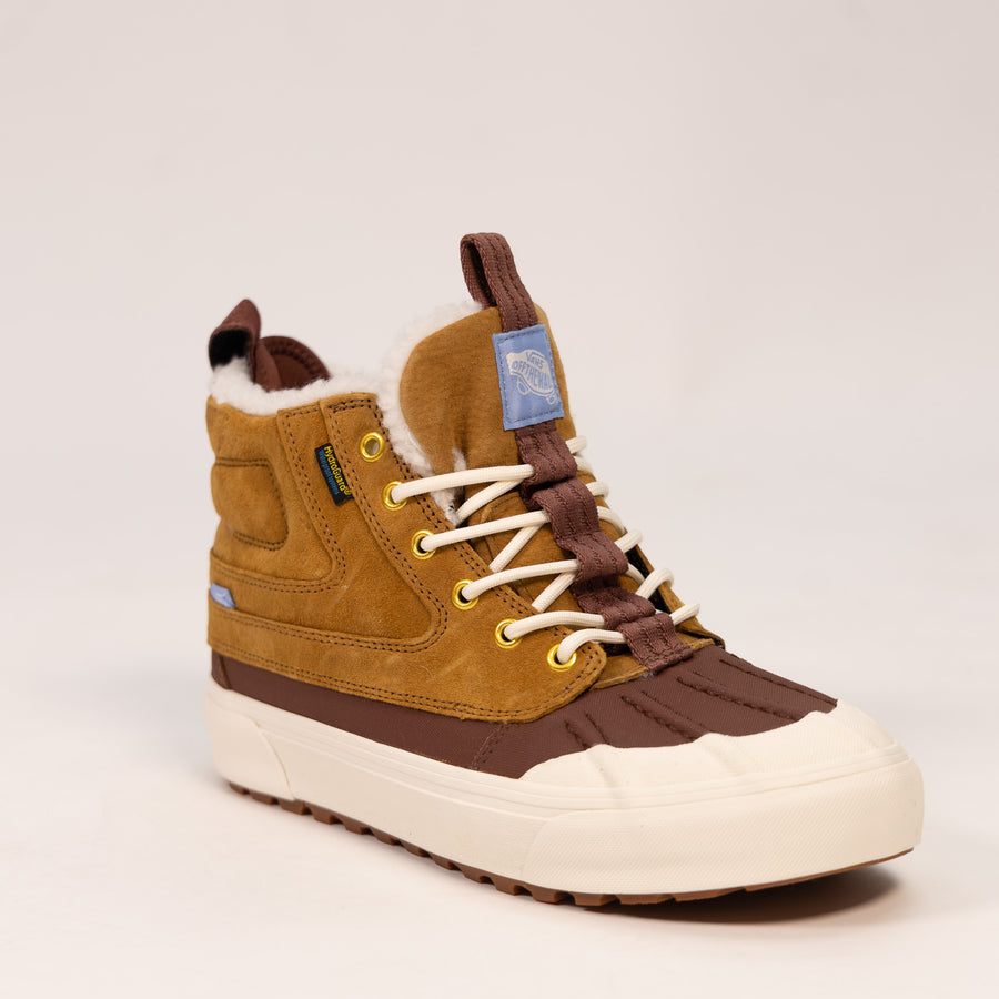 brown vans mte sk8-hi del pato women's all weather waterproof high top shoe with pull tab and off white sole