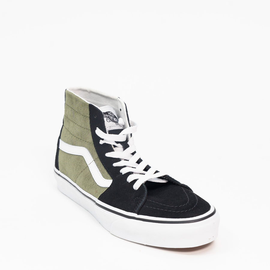 black vans women's sk8-hi with green corduroy side panel, white sidestripe and white sole