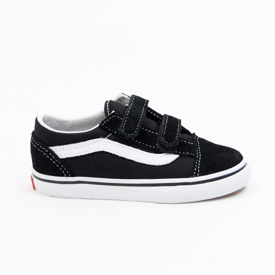 black and white toddler and kids vans with velcro straps and white sole