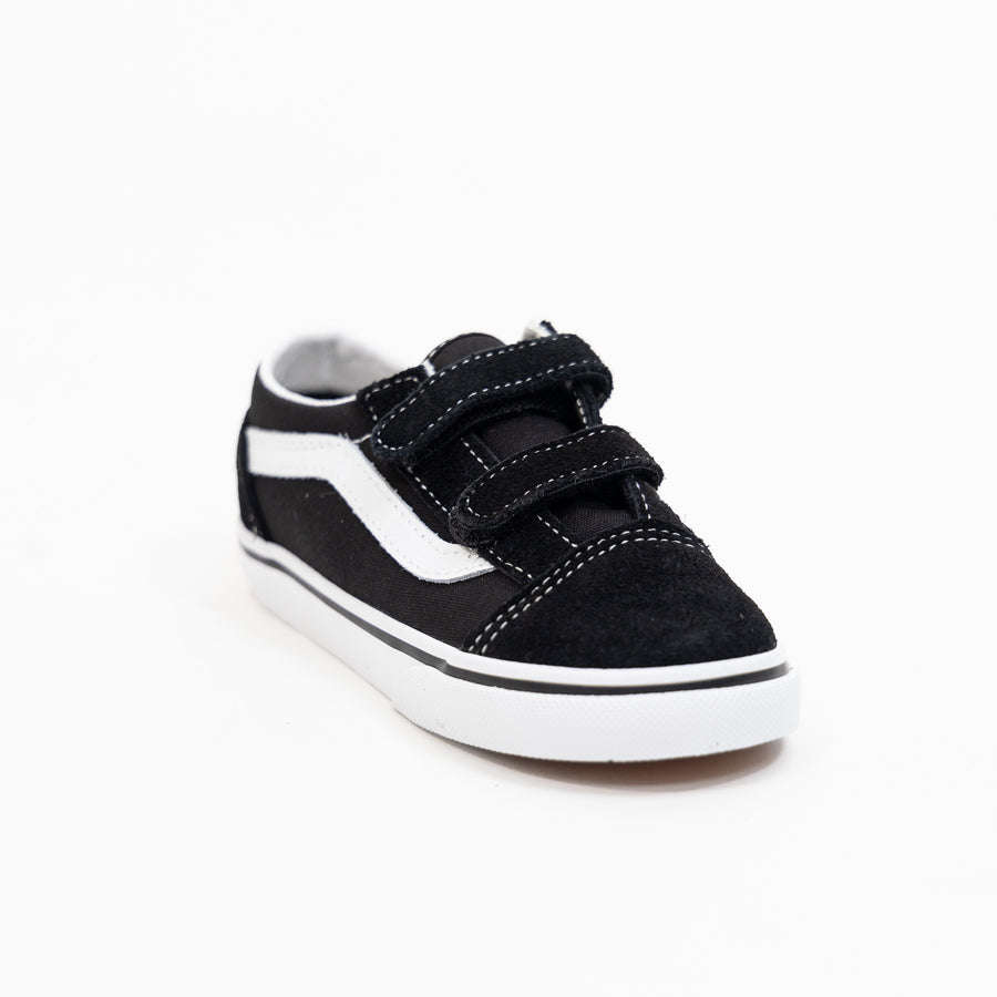black and white toddler and kids vans with velcro straps and white sole