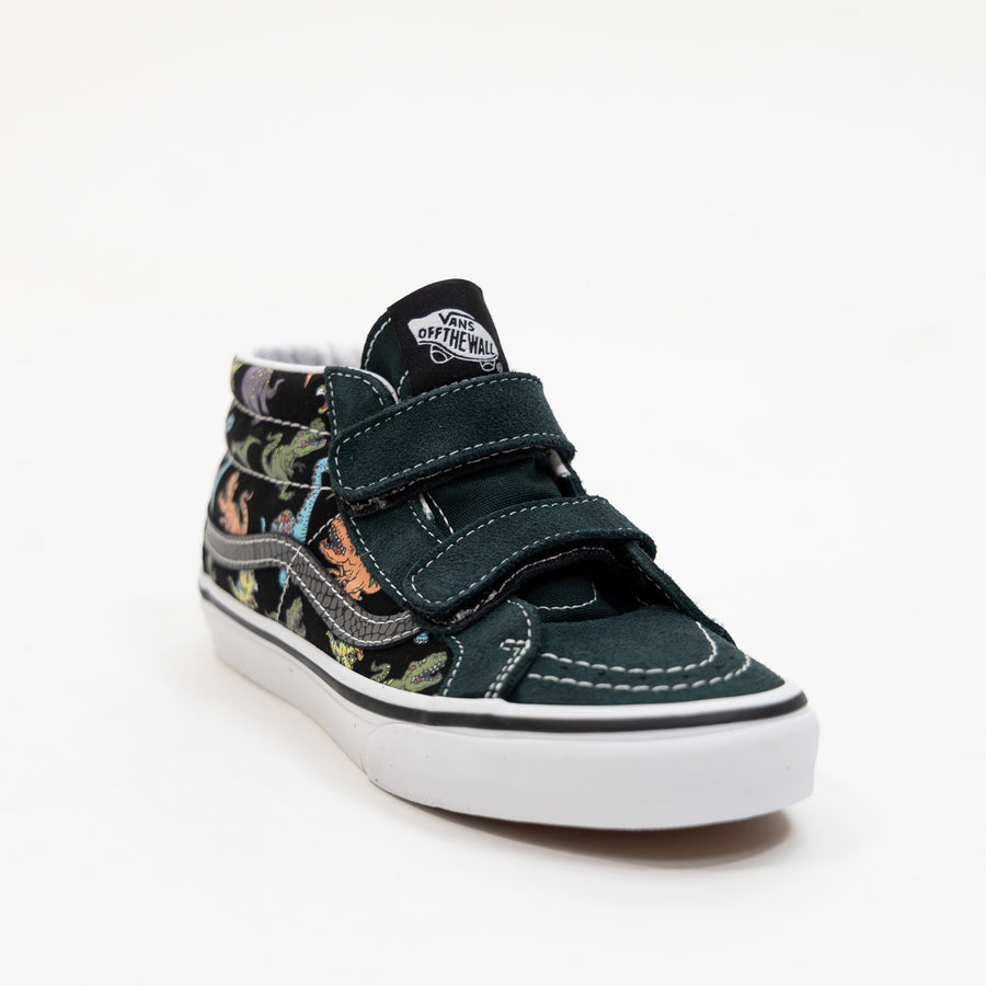 green and black vans kids sk8-mid with velcro straps, glow in the dark dinosaur side panel, reptile sidestripe and white sole
