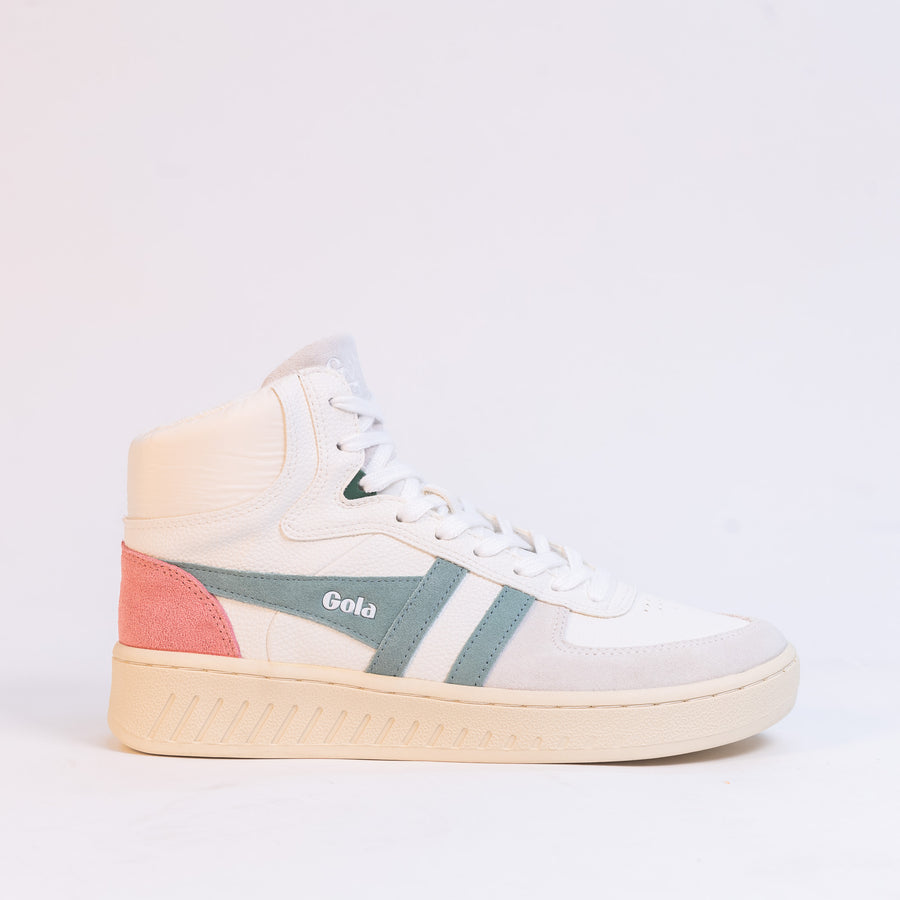 high top white blue and pink gola women's shoe with off white sole