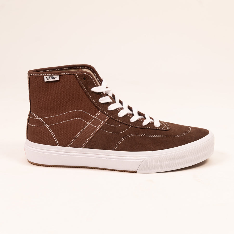 brown vans men's high top skate shoe with brown sidestripe and white sole