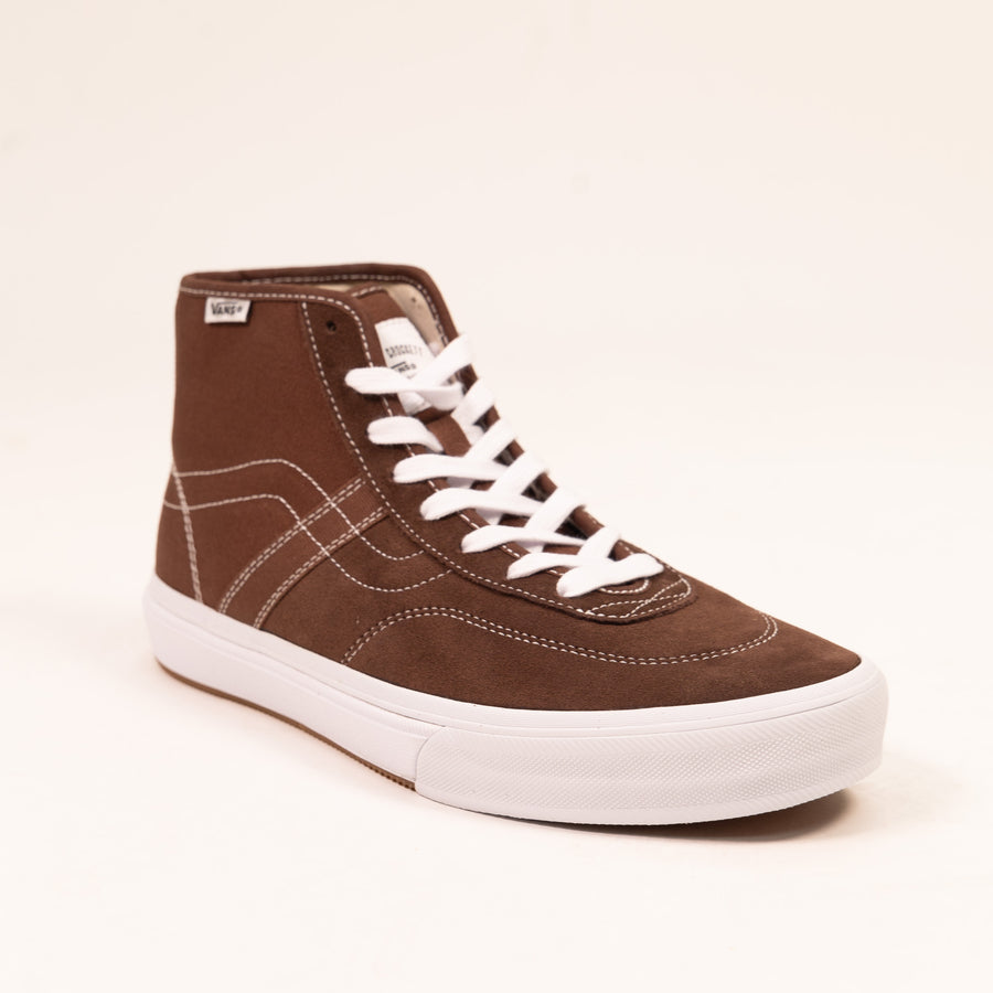 brown vans men's high top skate shoe with brown sidestripe and white sole