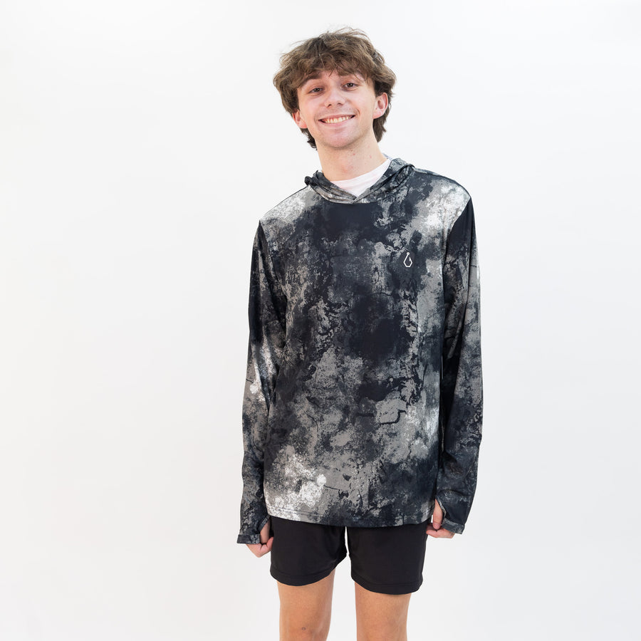 black and white tie dye volcom men's surf essentials hooded shirt