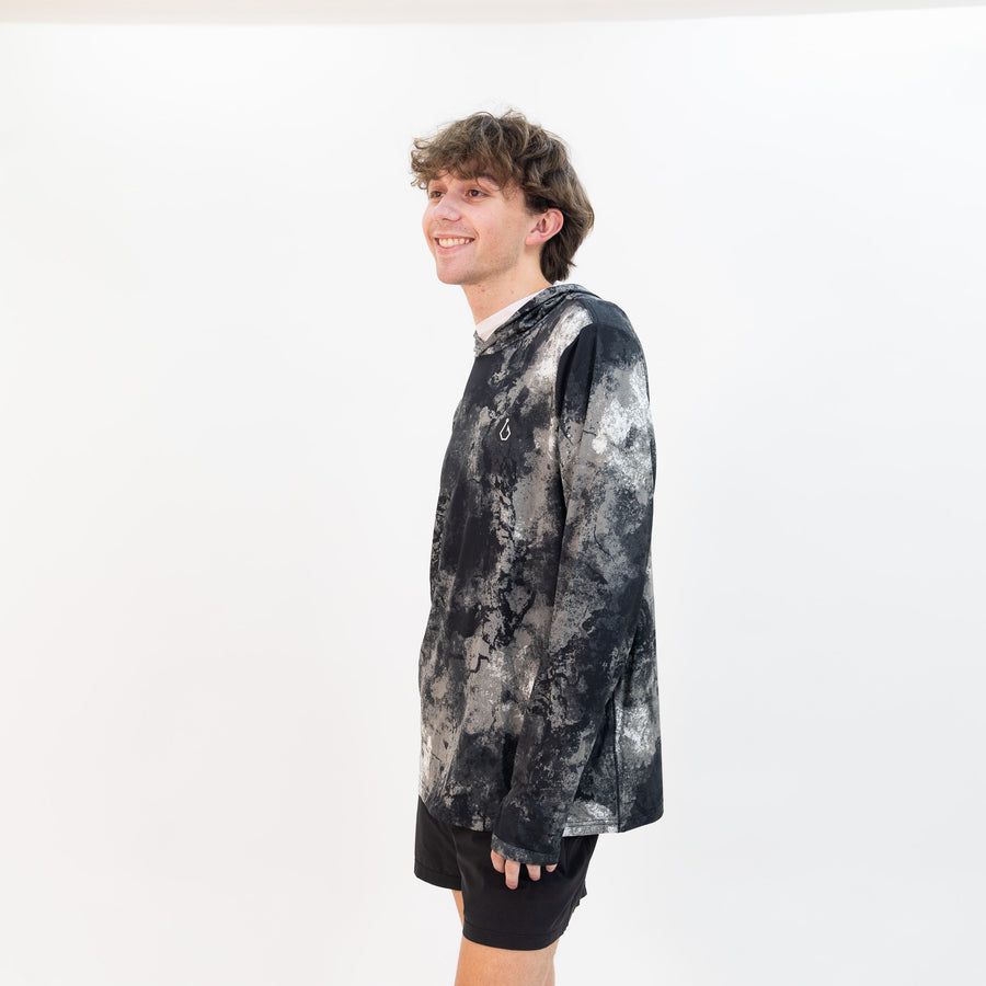 black and white tie dye volcom men's surf essentials hooded shirt