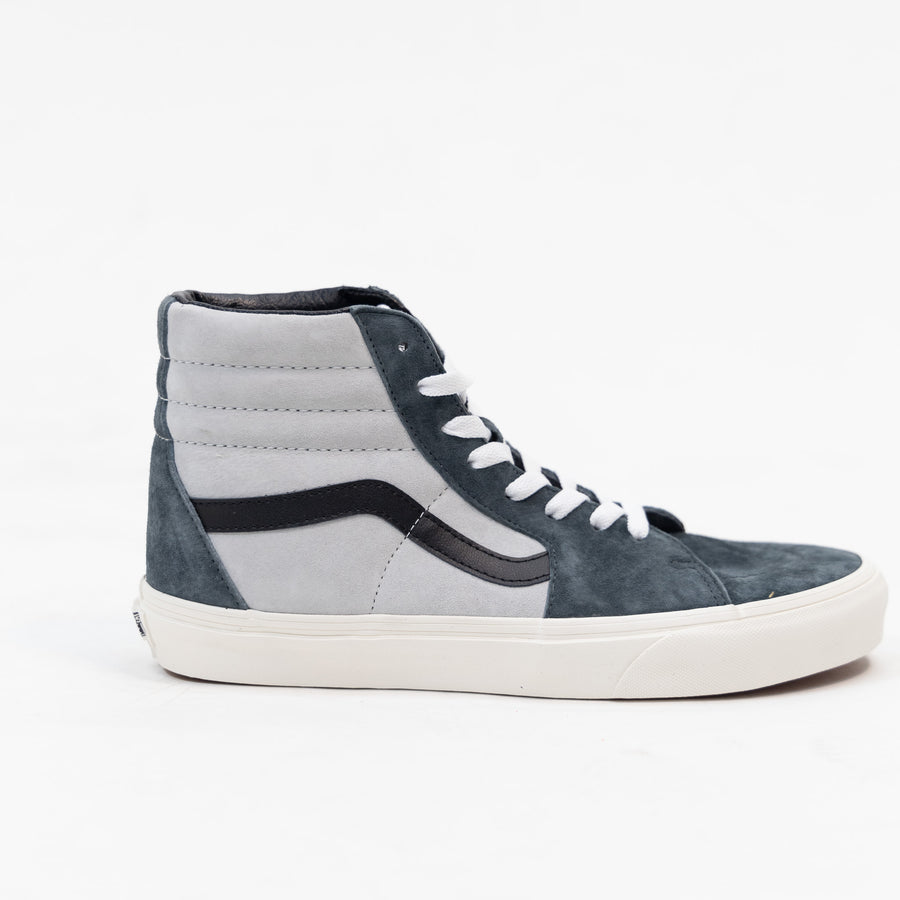 pig suede two tone grey vans men's sk8-hi high top shoes with black sidestripe and off white sole