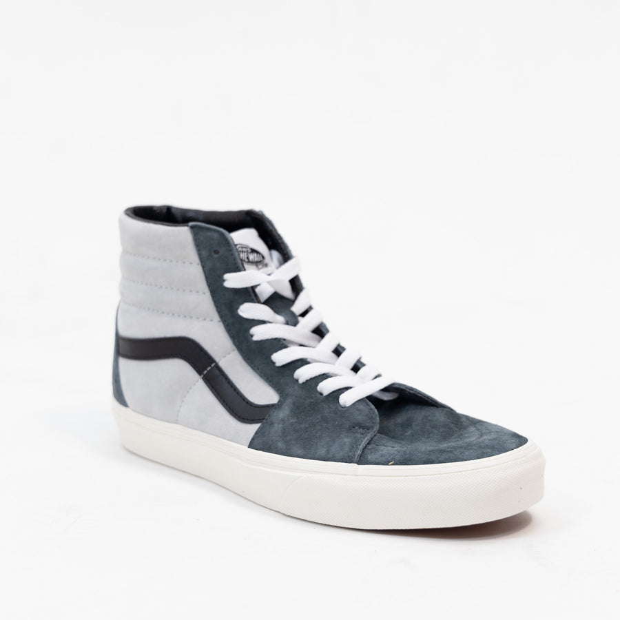 pig suede two tone grey vans men's sk8-hi high top shoes with black sidestripe and off white sole
