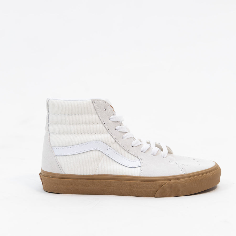 off white suede vans women's sk8-hi high tops with corduroy side panel, white stripe and gum sole