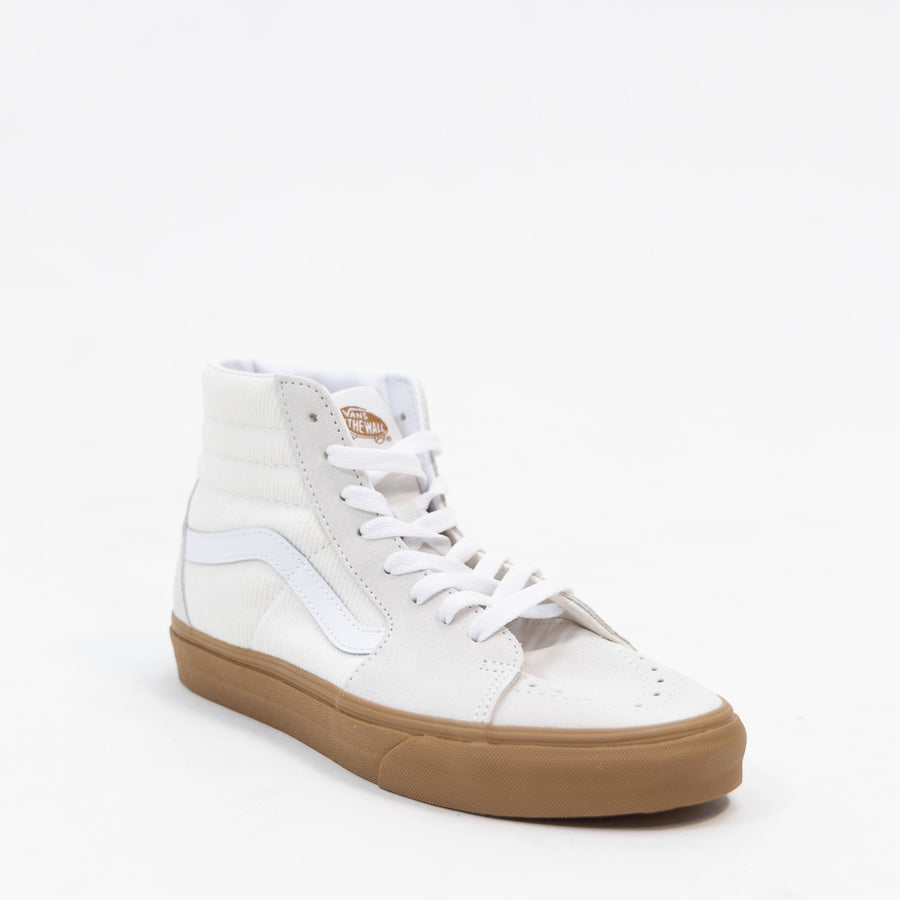 off white suede vans women's sk8-hi high tops with corduroy side panel, white stripe and gum sole