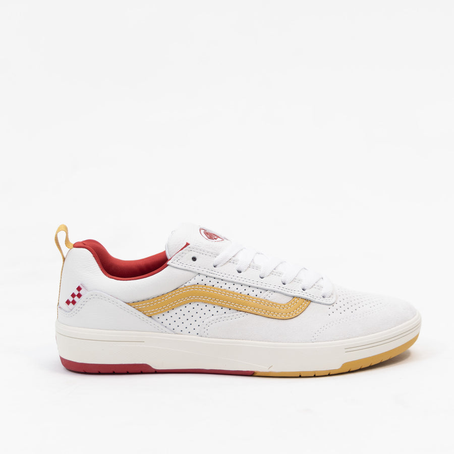 white vans men's zahba with brown sidestripe and white sole and red detail