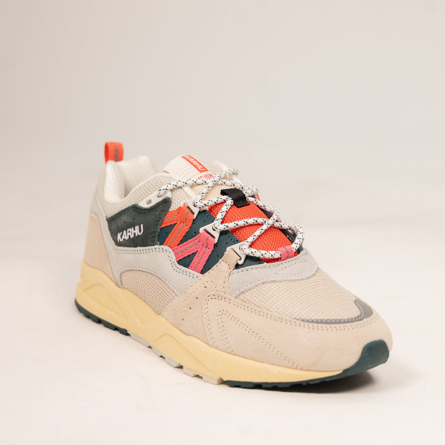 tan karhu women's comfort shoe with green pink and orange details