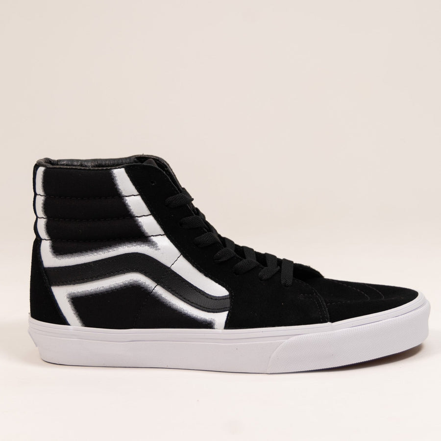 black and white vans men's sk8-hi with white outline and black sidestripe and white sole