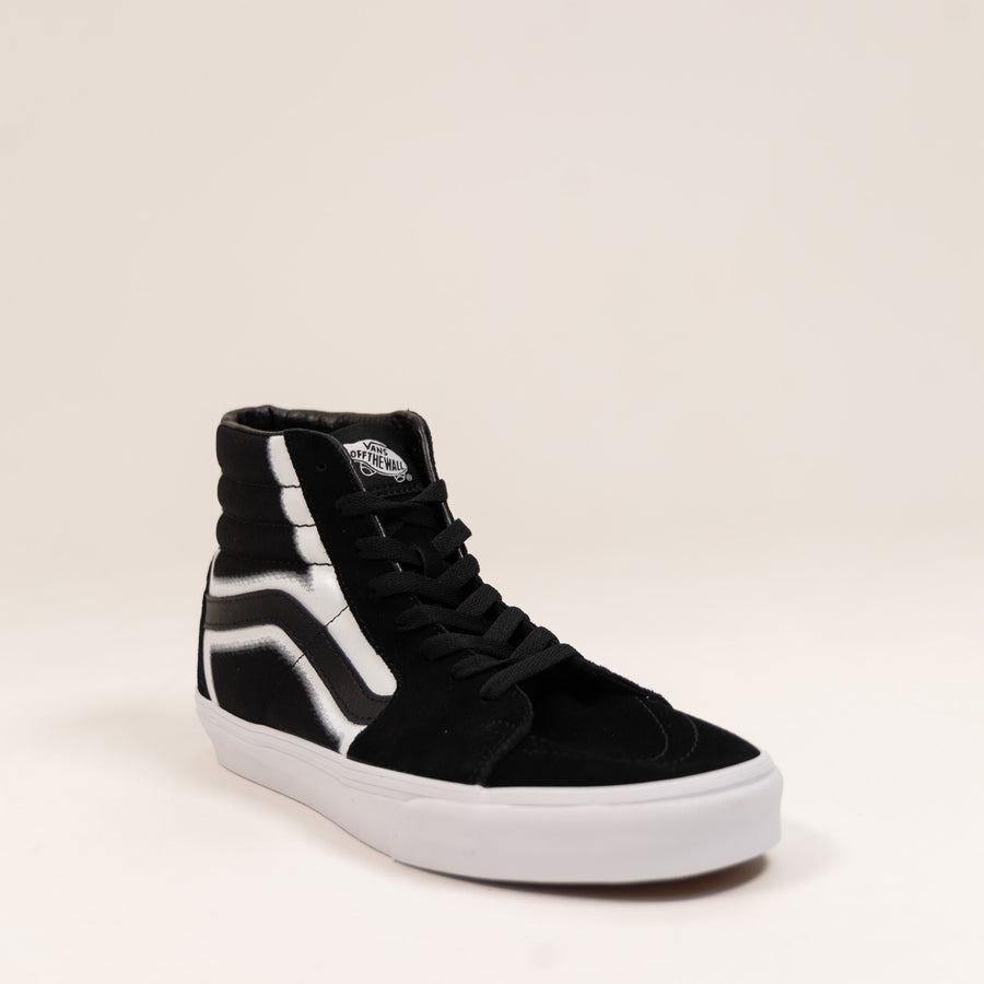 black and white vans men's sk8-hi with white outline and black sidestripe and white sole