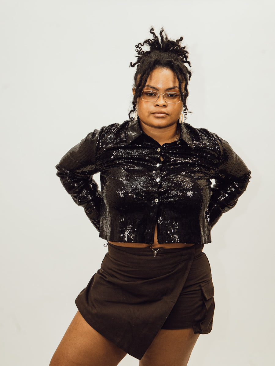 nia women's black sequined boxy satin button down with cuffed sleeves