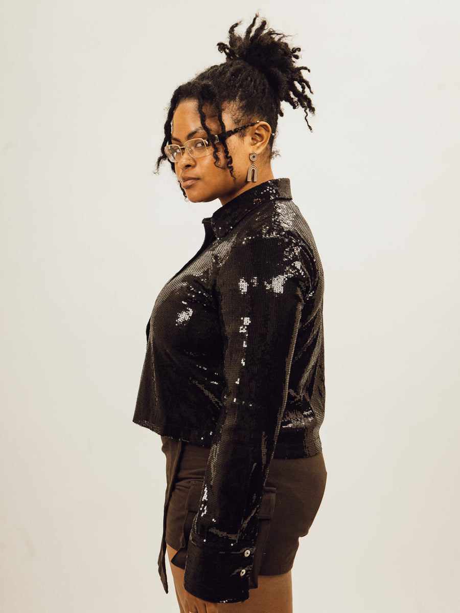 nia women's black sequined boxy satin button down with cuffed sleeves