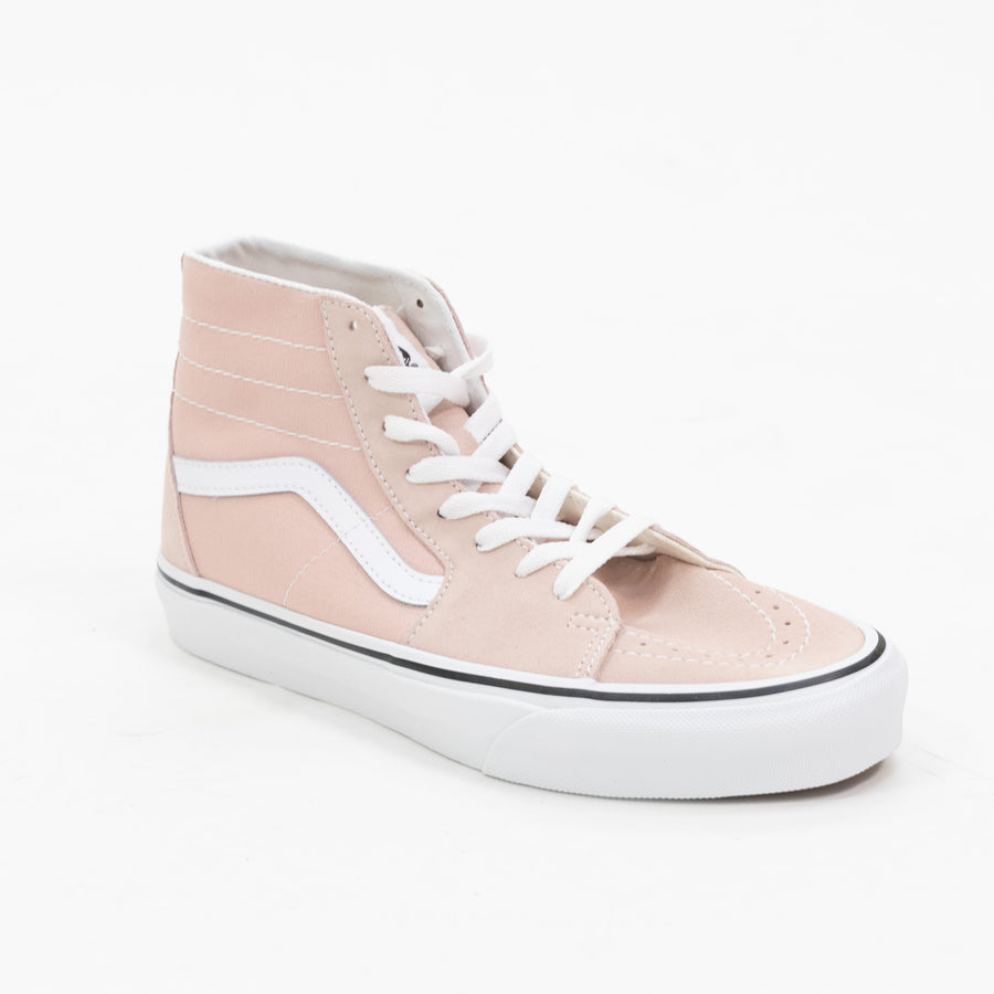 pink vans women's sk8-hi with white sidestripe and white sole