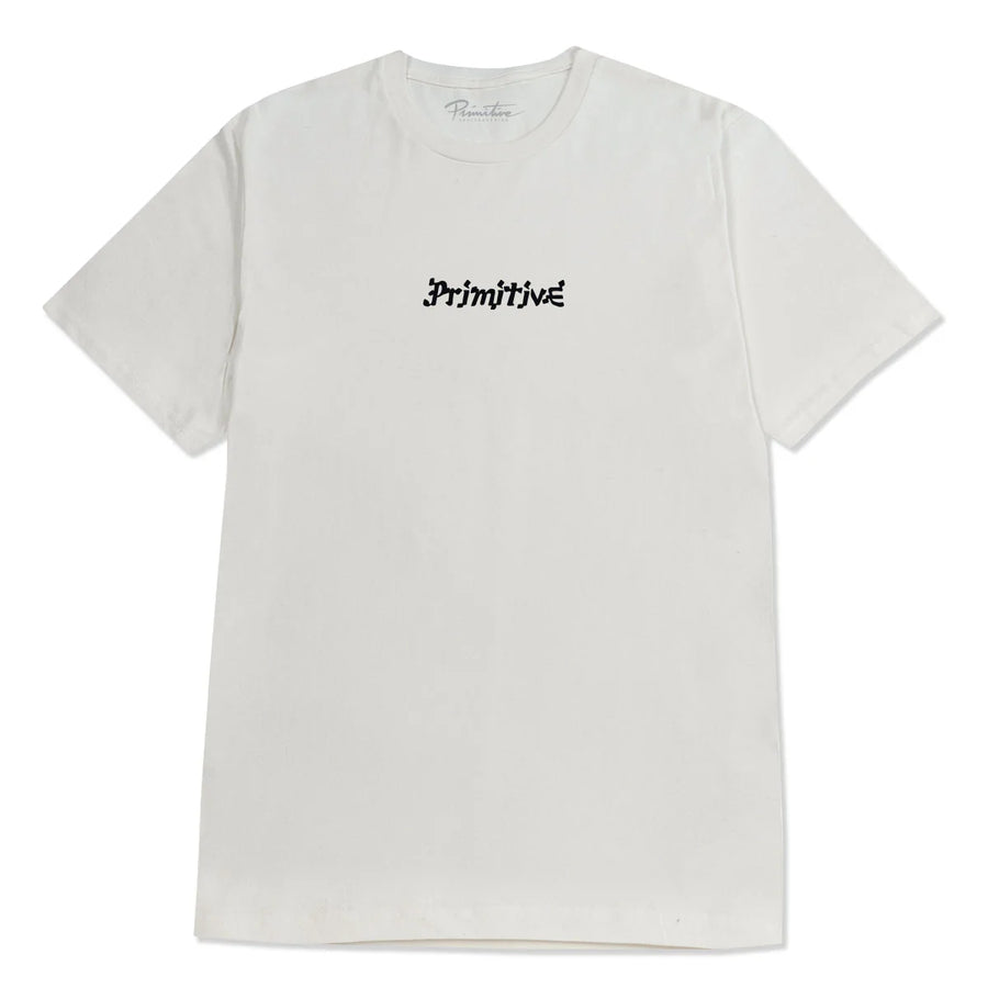 cream colored tee shirt from primitive skateboards with a multi-colored image on the back and primitive in black