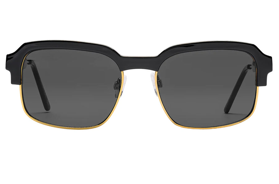 spitfire rethink sunglasses with black frame and black lenses with gold trim