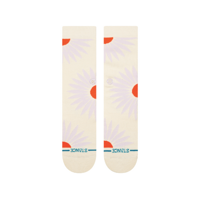 women's tan stance crew socks with orange flower and white pedals