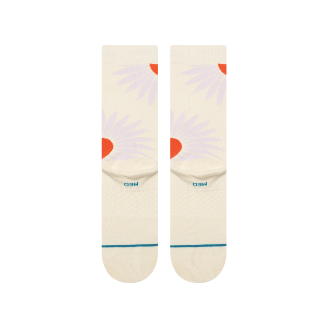 women's tan stance crew socks with orange flower and white pedals