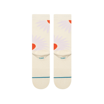 women's tan stance crew socks with orange flower and white pedals
