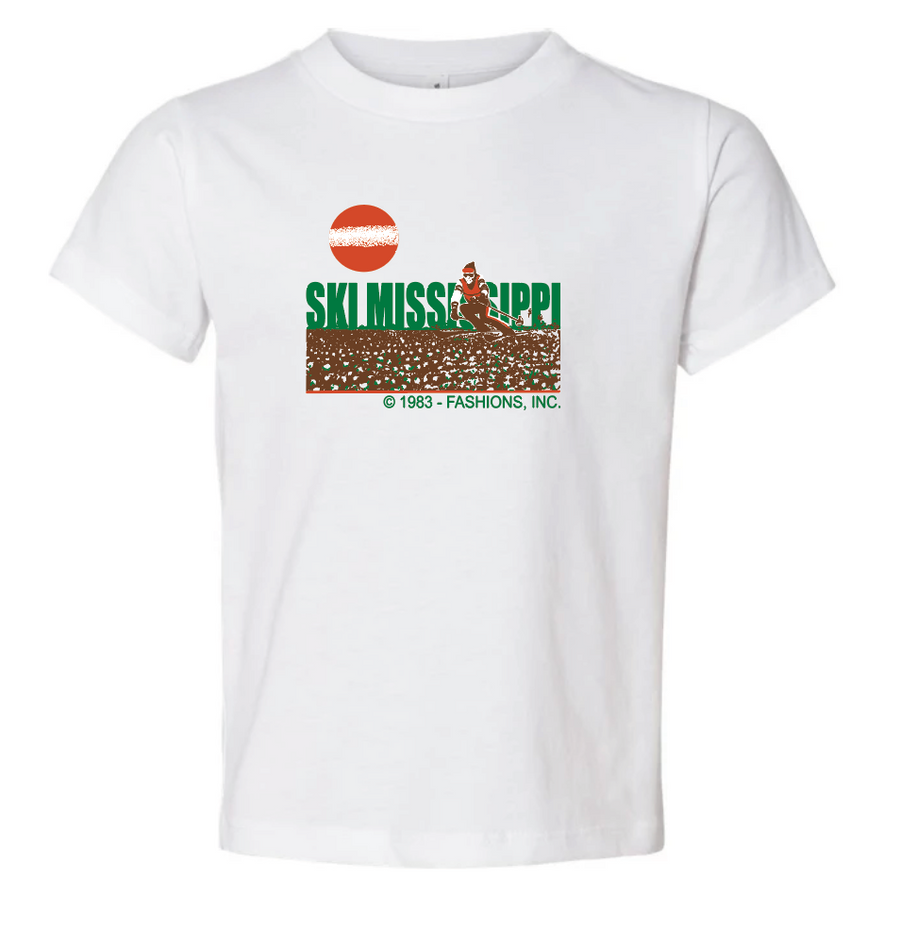 kids tee shirt or onsie featuring the ski mississippi logo in green brown and orange
