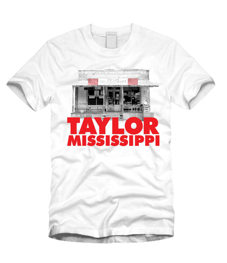 white tee shirt featuring the taylor grocery restaurant in taylor mississippi