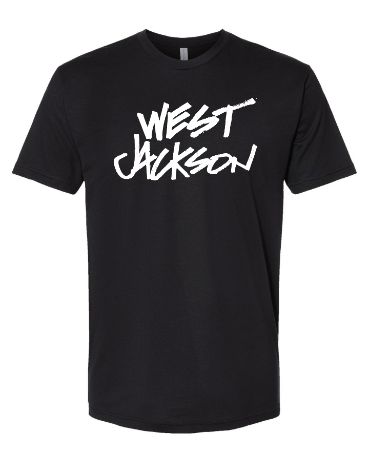 Black t-shirt with 'West Jackson' text on a white background