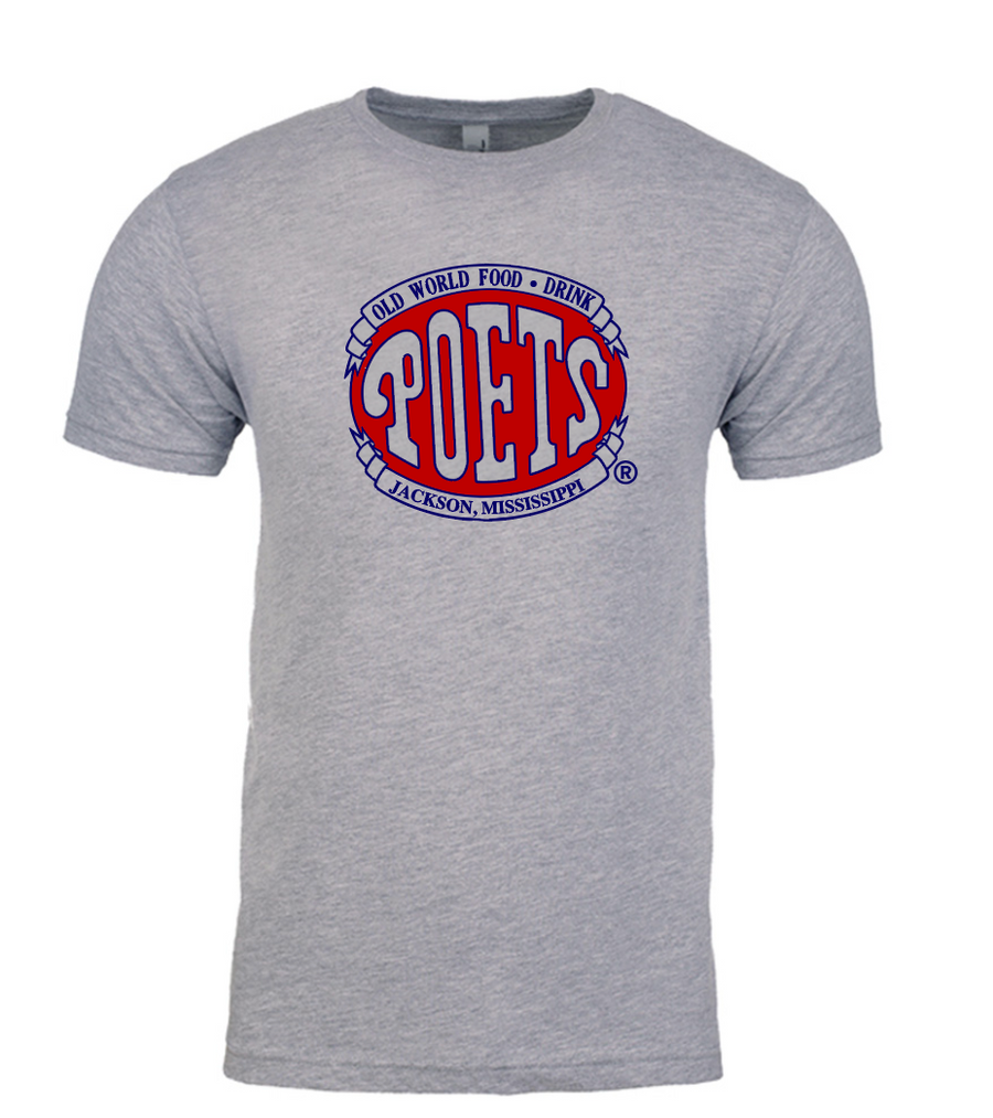 Gray t-shirt with a red and blue lPOETS JACKSON MS ogo on a white background
