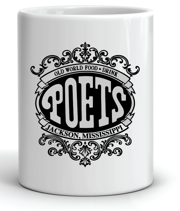 White mug with 'Poets' logo featuring red and blue text on a white background