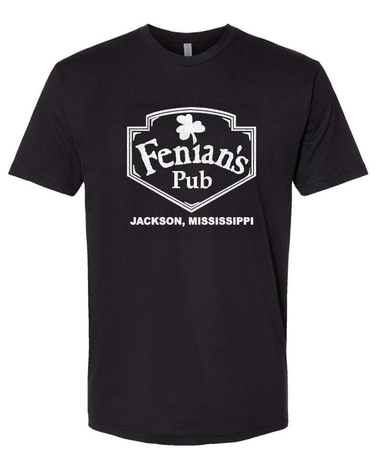 black t-shirt with fenian's pub jackson ms in white on a white background