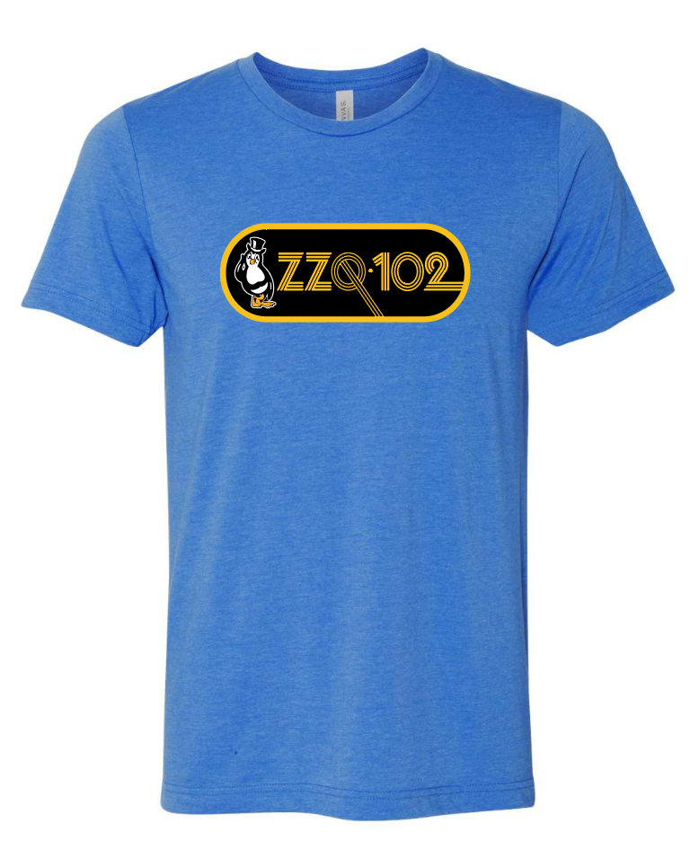 A heather blue short-sleeve t-shirt with a black and yellow oval graphic on the chest featuring a penguin and the text 'ZZQ 102'.